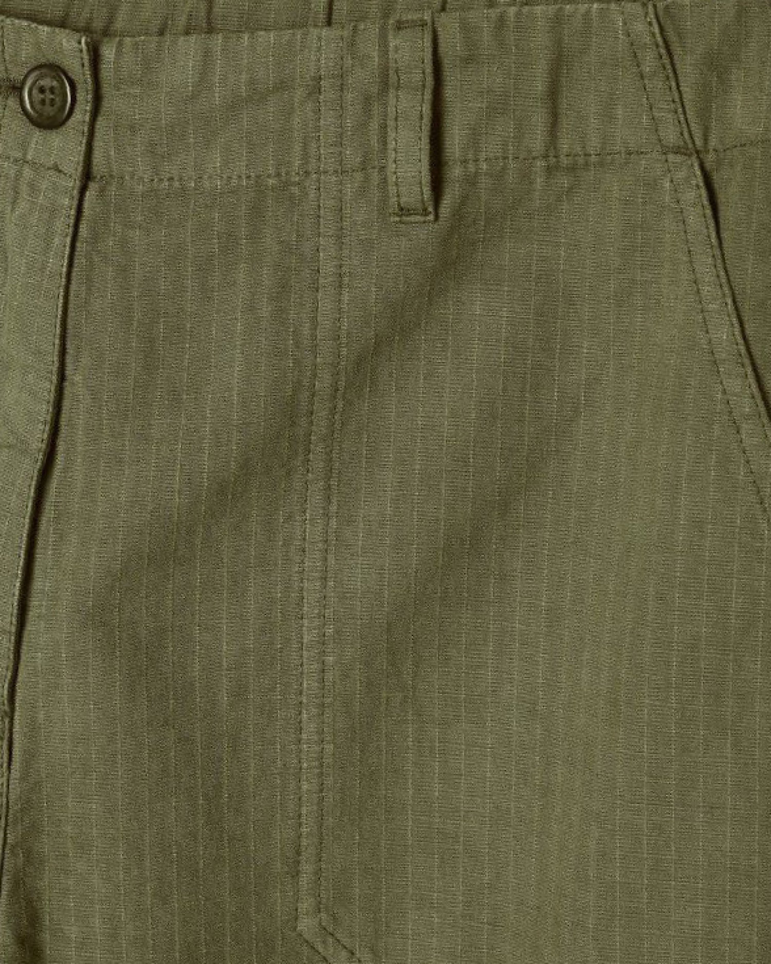 Close-up of green pants with a button and pocket detail