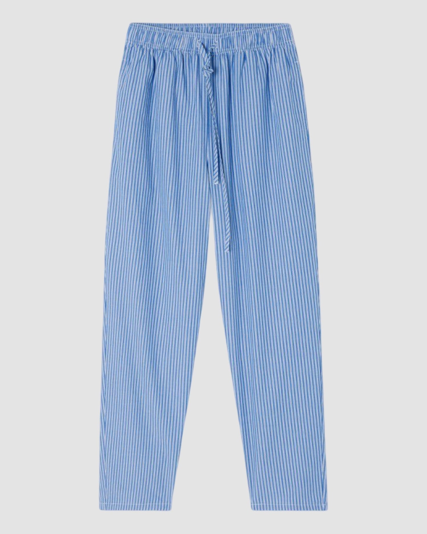 Blue striped pants on a light gray background