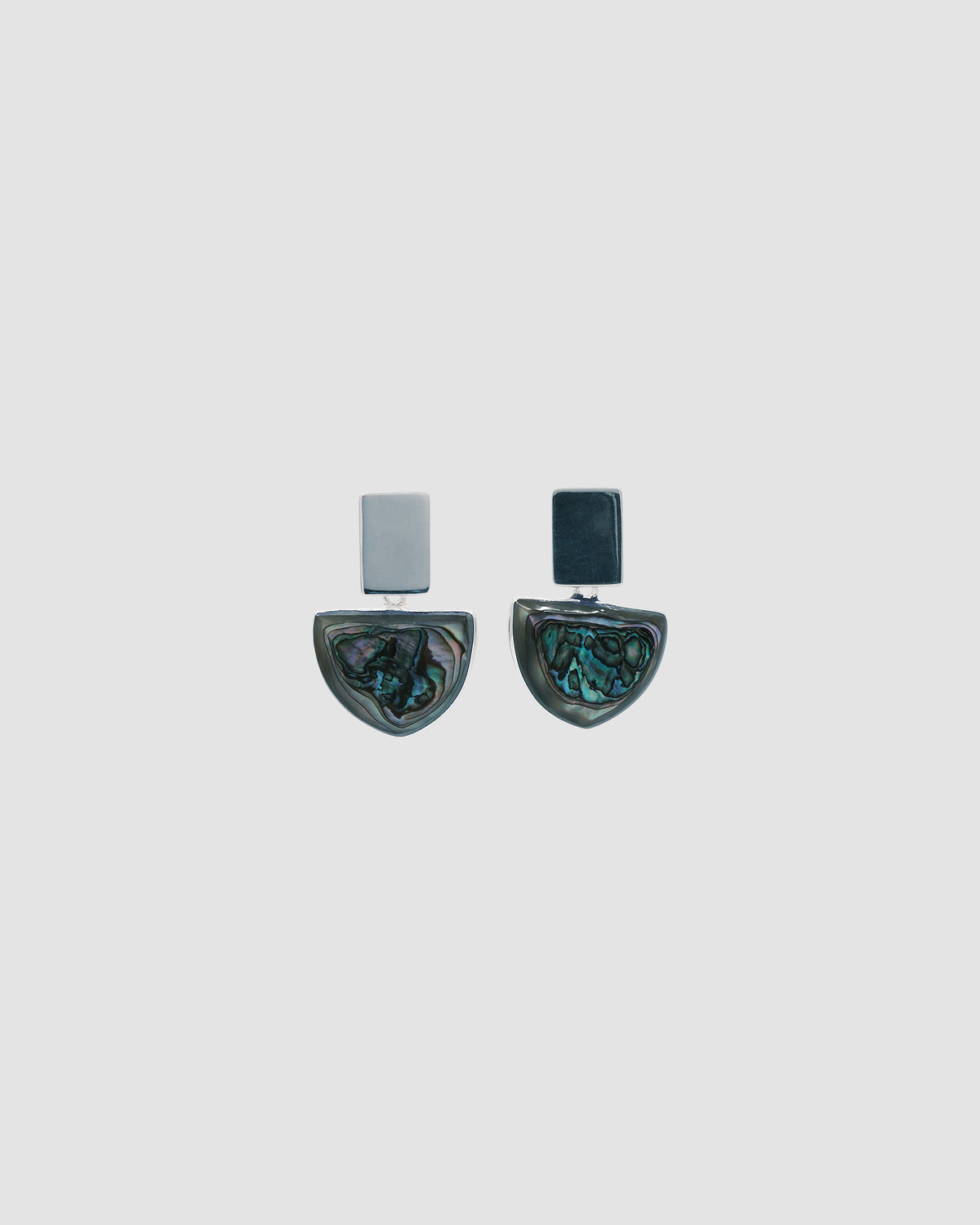Silver rectangle said top earrings with a half circle of abalone hanging off from The Pared Store, Sydney