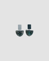 Silver rectangle said top earrings with a half circle of abalone hanging off from The Pared Store, Sydney
