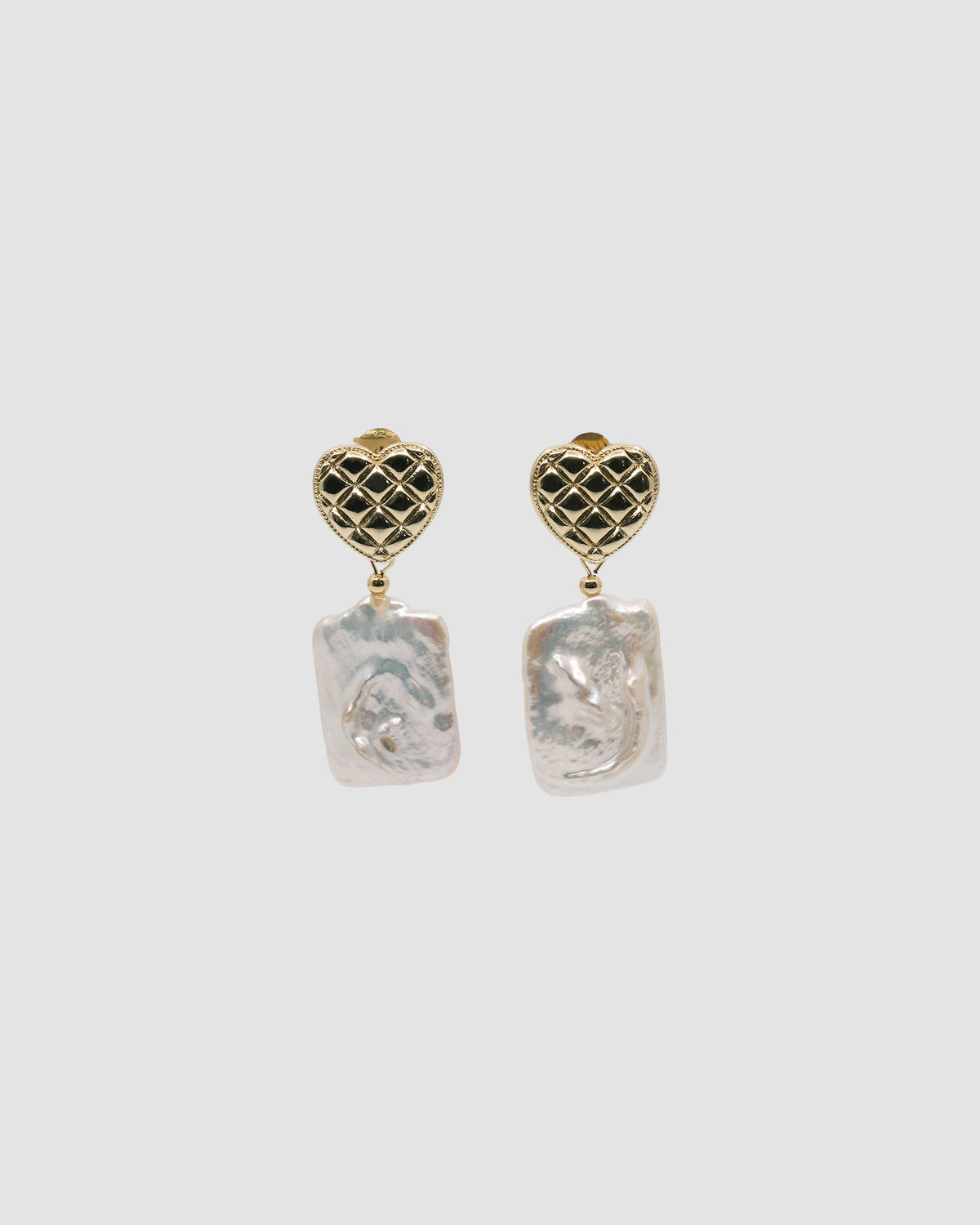 gold quilted studs with rectangular pearls hanging from them