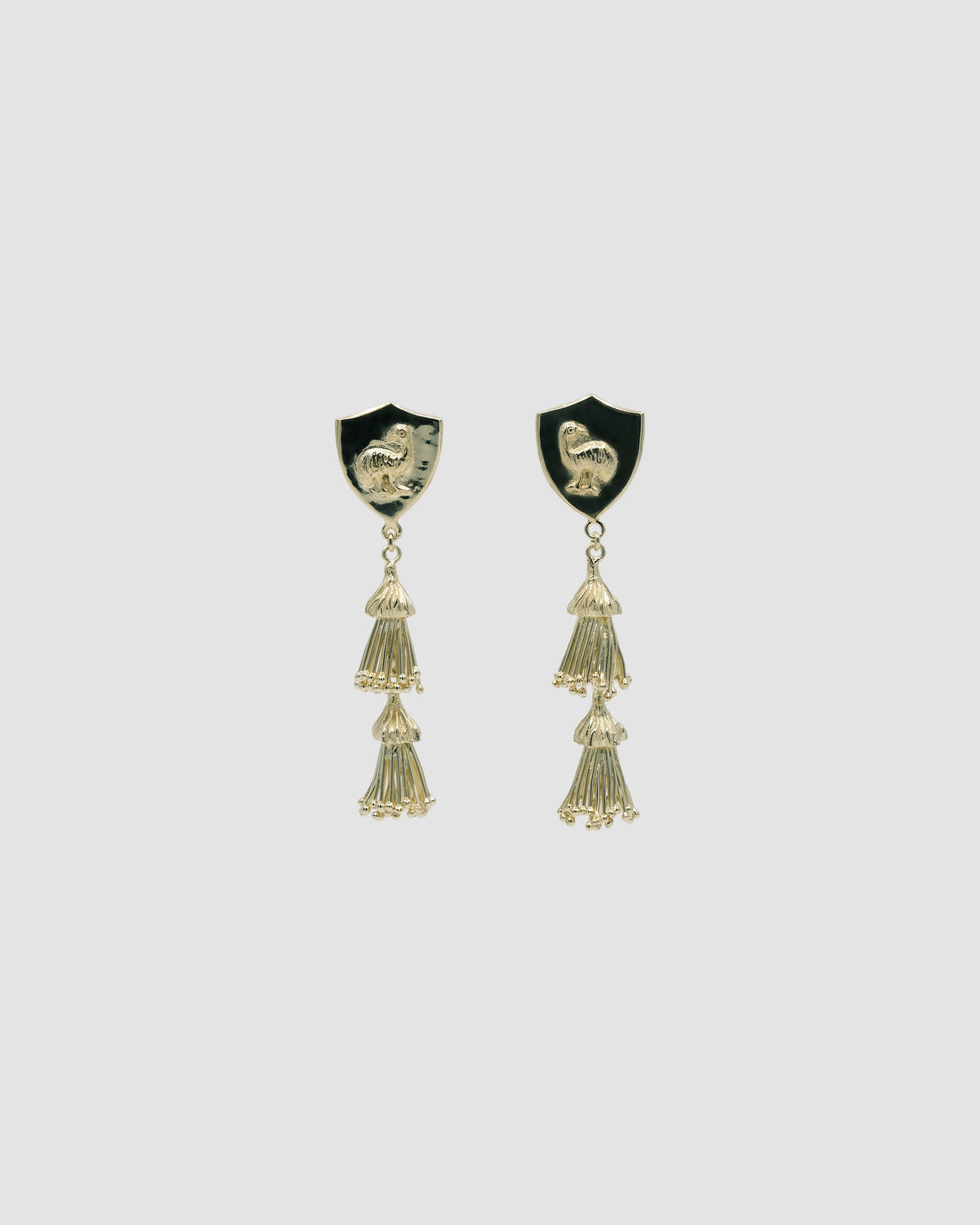 emu shield and gold gum blossom tassel earrings