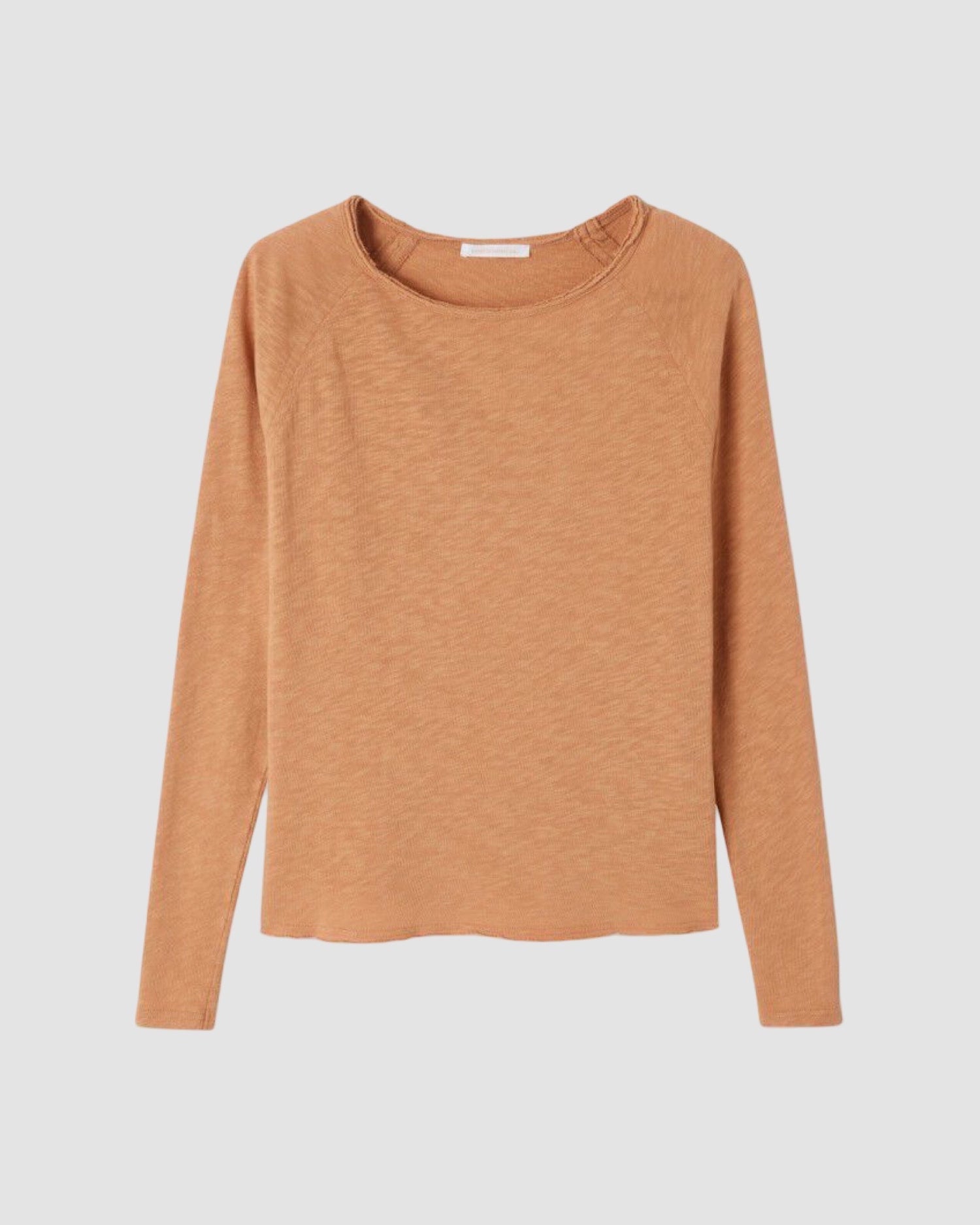 Brown long-sleeve boat neck shirt on a light gray background