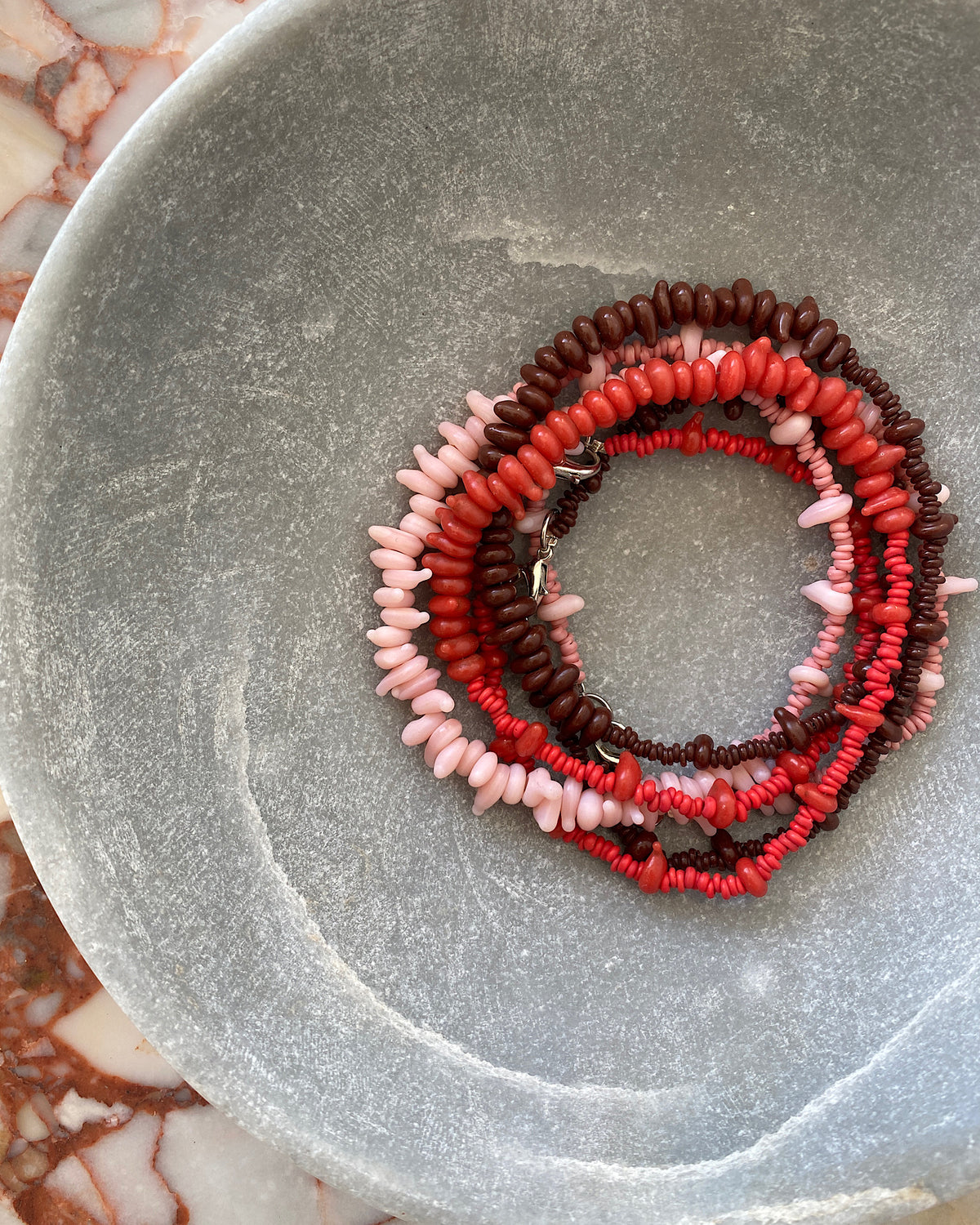 chocolate, red & pink irregular glass bead necklaces