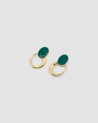 Green stone studs earrings with gold irregular hoops hanging off the bottom