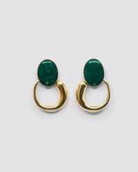 Green stone studs earrings with gold irregular hoops hanging off the bottom