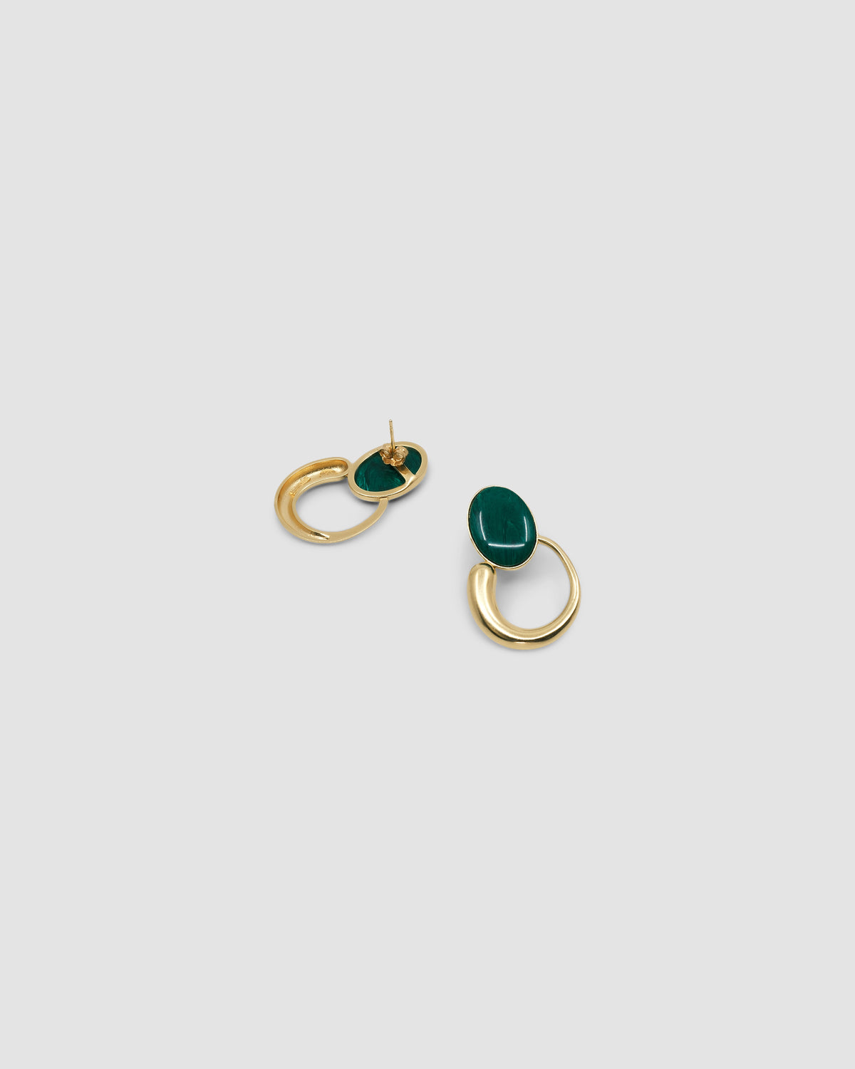 Green stone studs earrings with gold irregular hoops hanging off the bottom