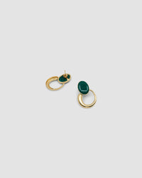Green stone studs earrings with gold irregular hoops hanging off the bottom