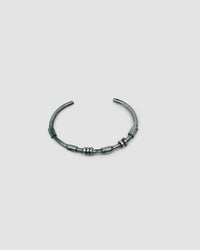 dark blackened silver thin cuff bangle with oval tube silver bead detail