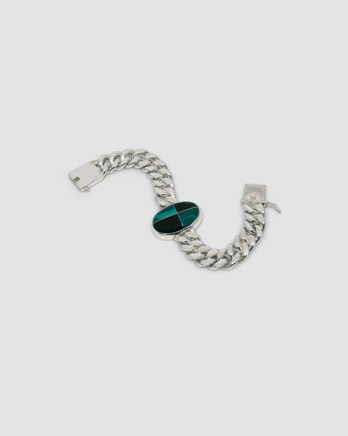 Silver cuban link chain with a chequerboard style inlaid stone which is green & black