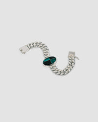 Silver cuban link chain with a chequerboard style inlaid stone which is green & black