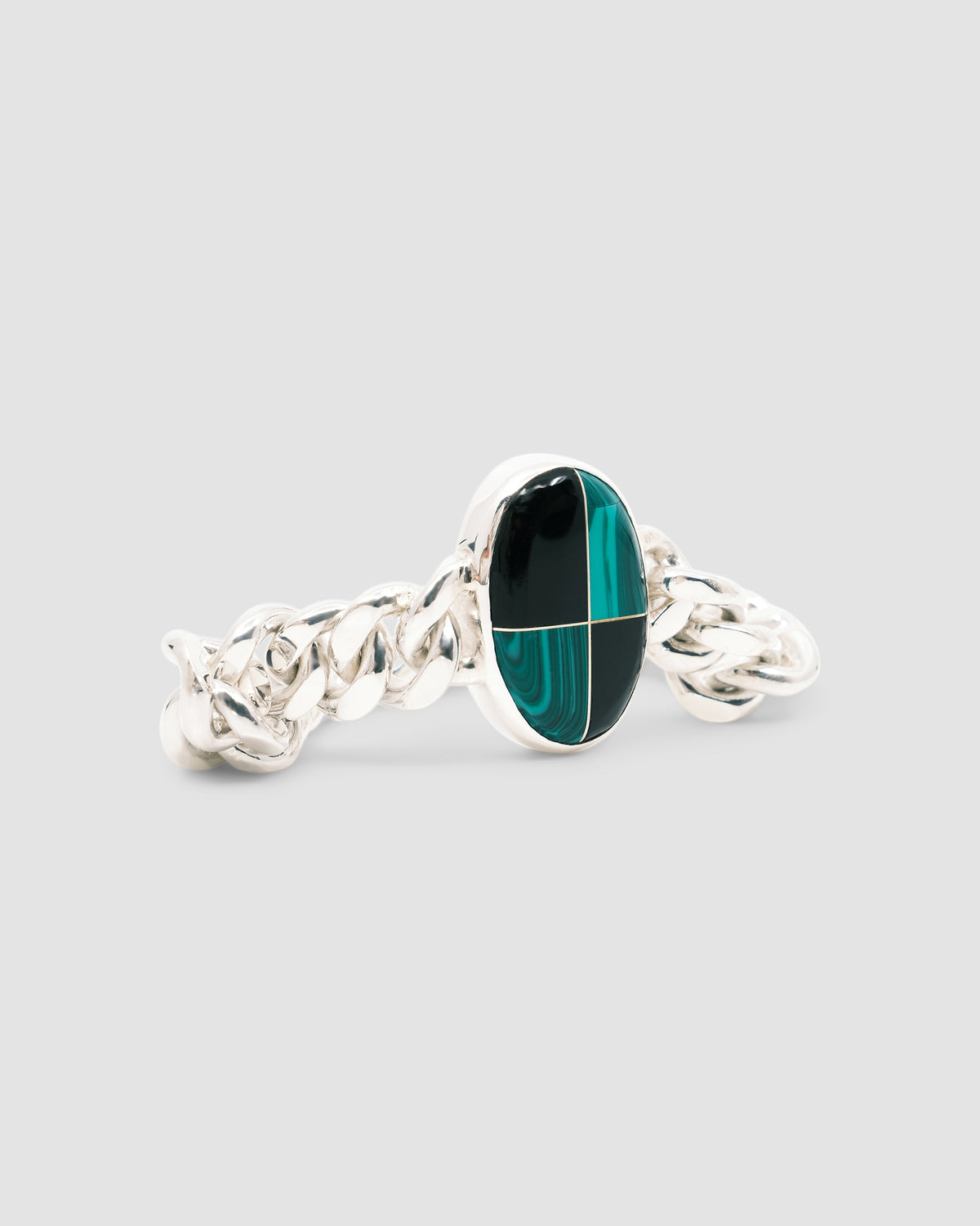 Silver cuban link chain with a chequerboard style inlaid stone which is green & black