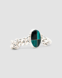 Silver cuban link chain with a chequerboard style inlaid stone which is green & black