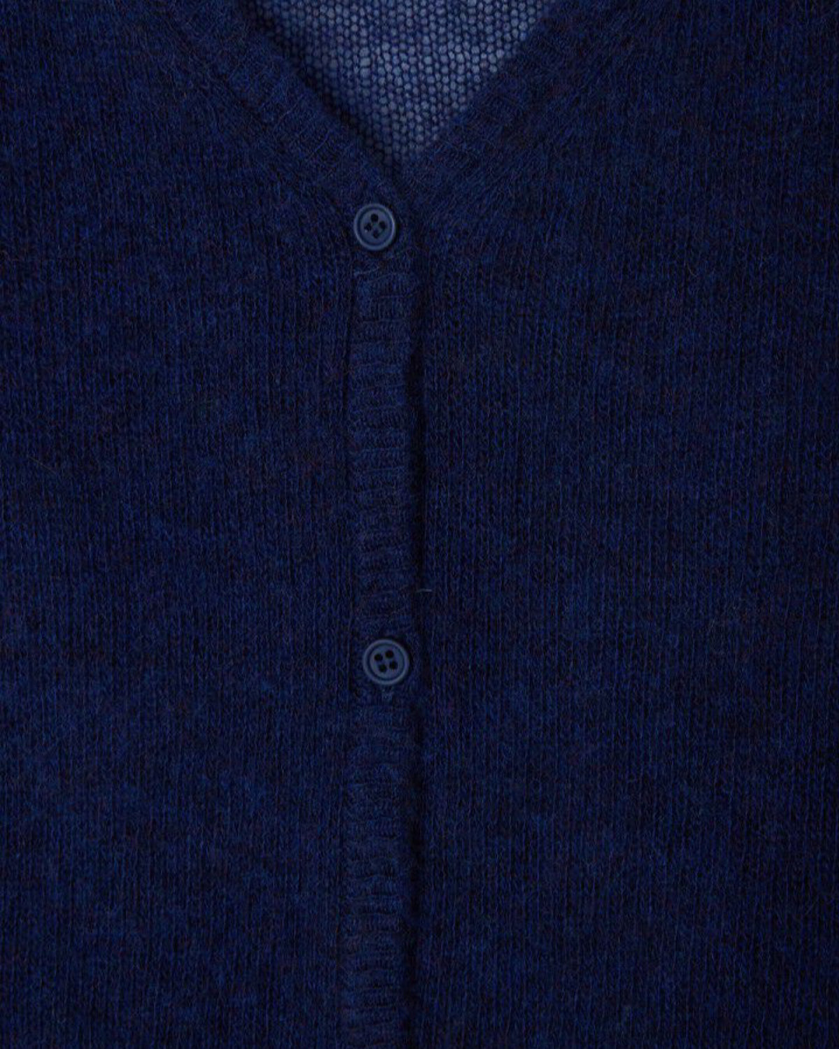 Close-up of a dark blue cardigan with button details