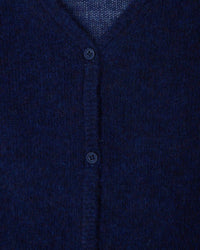Close-up of a dark blue cardigan with button details