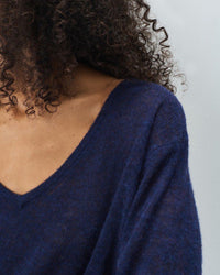 Person wearing a blue sweater with a neutral background