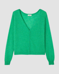 Green cardigan on a light gray background