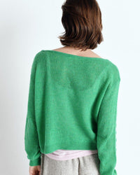 Green sweater worn by a person on a white background