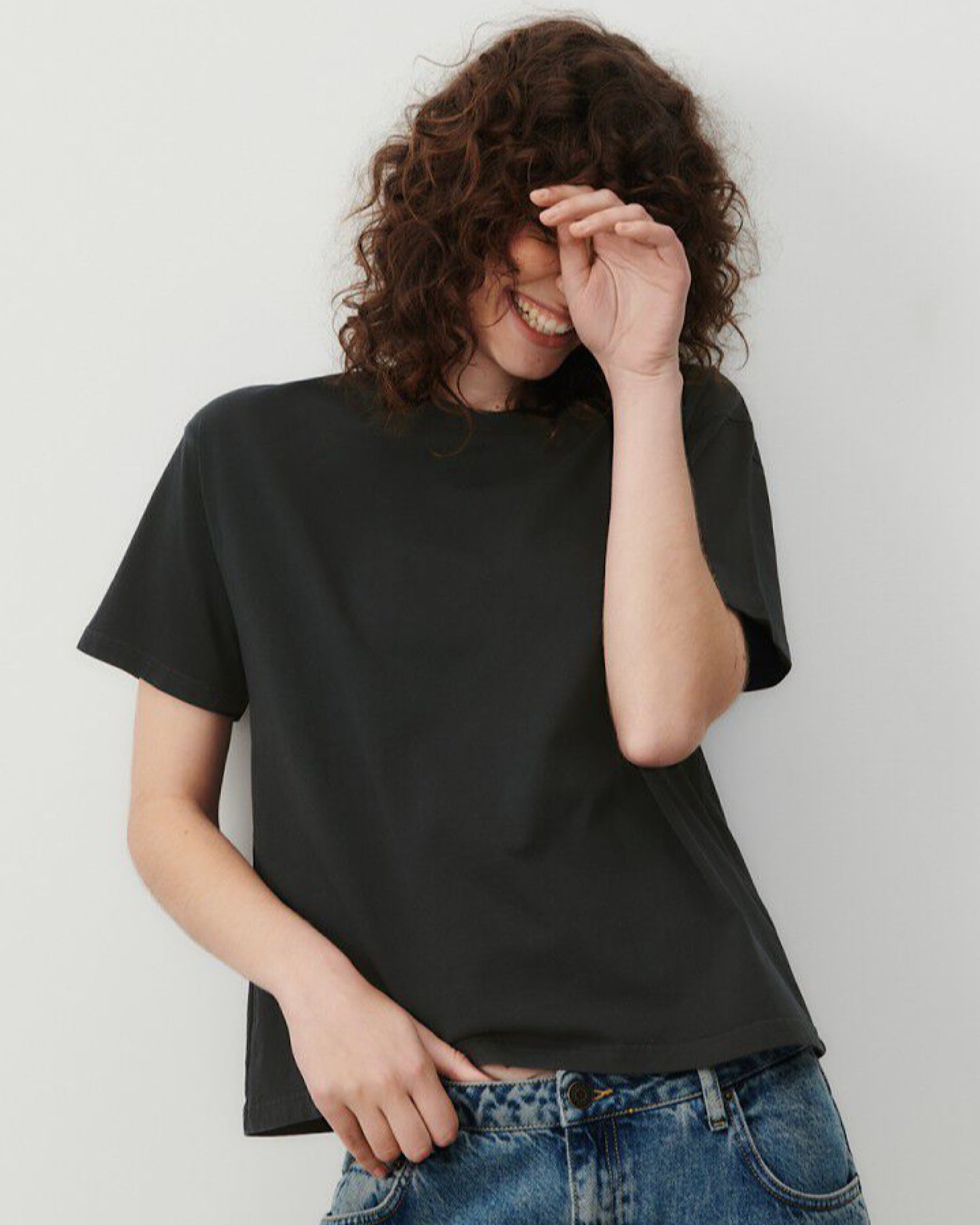 a boxy short sleeved round neck charcoal t-shirt