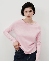 Model wears Marshmallow pink boat neck long sleeve t-shirt