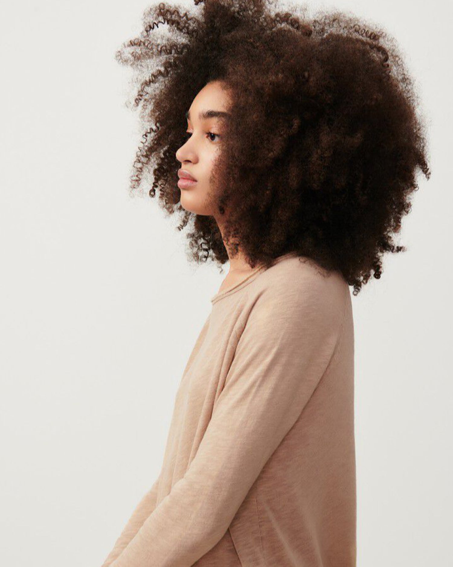 a model wears a camel coloured boat neck long sleeve T-shirt