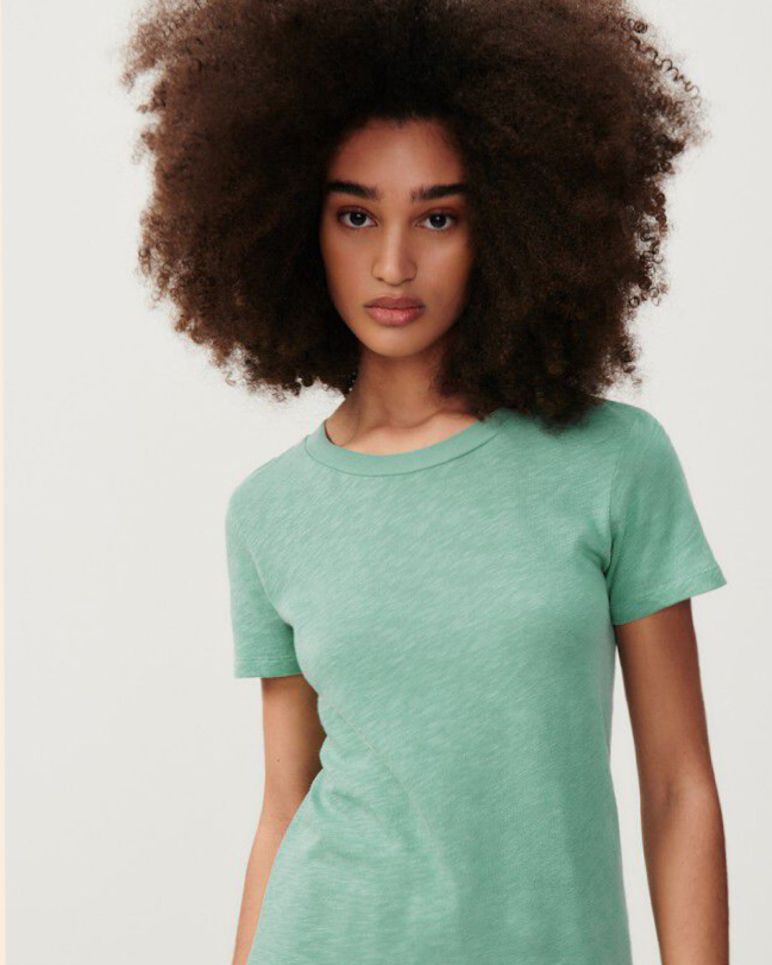 a model wearing a fitted pale green short sleeved t-shirt