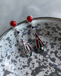 Red stud drop earrings featuring a upside down kite shaped charm with abalone and inlaid