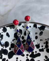 Coral and Sterling silver earrings with a multi coloured tear drop charm