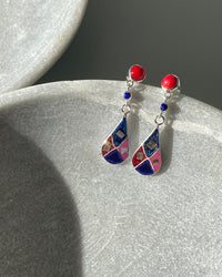 Coral and Sterling silver earrings with a multi coloured tear drop charm