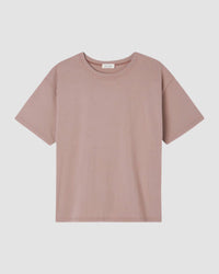 A boxy short sleeve dusty clay coloured round neck thick cotton t-shirt