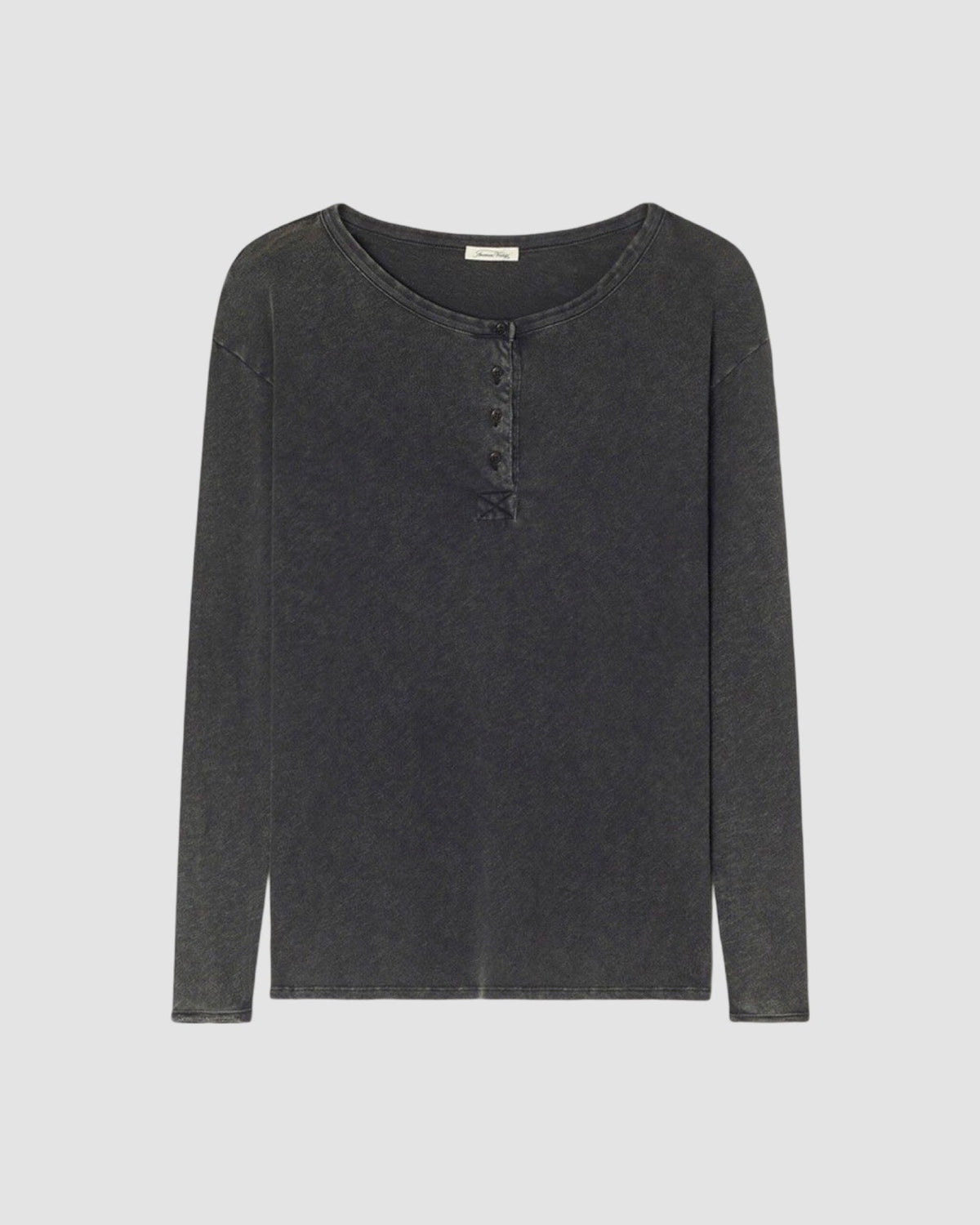 Washed black cotton long sleeve henley