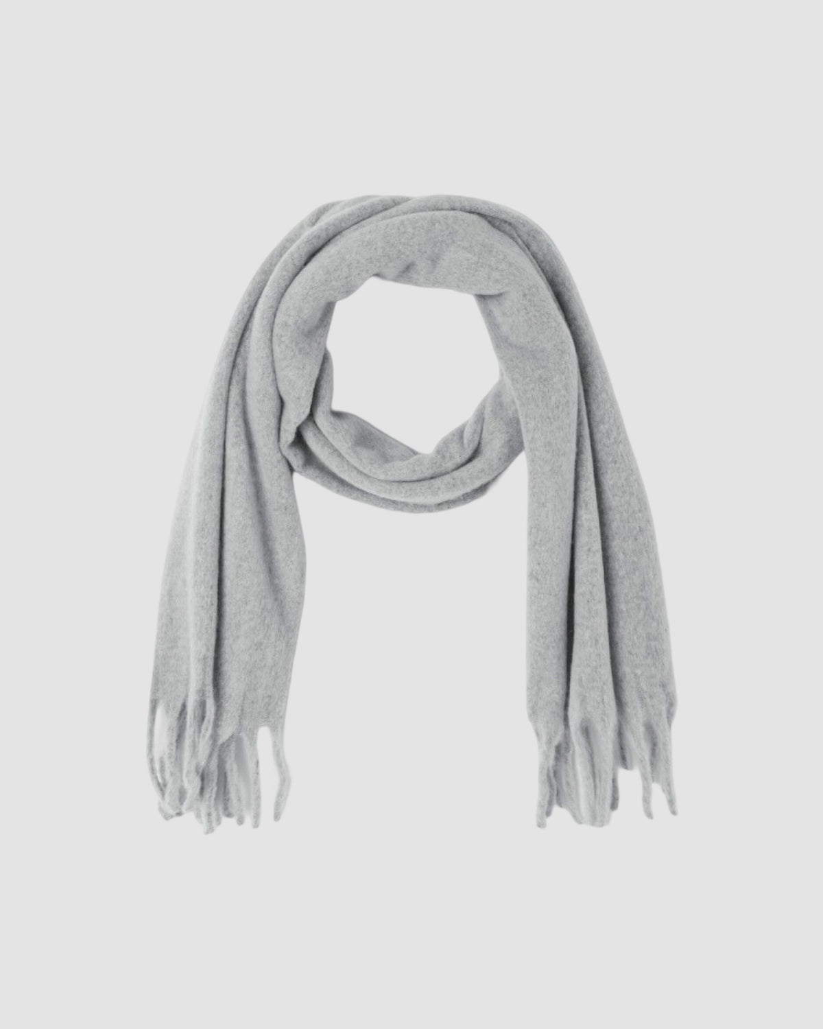 a pale grey scarf with fringing