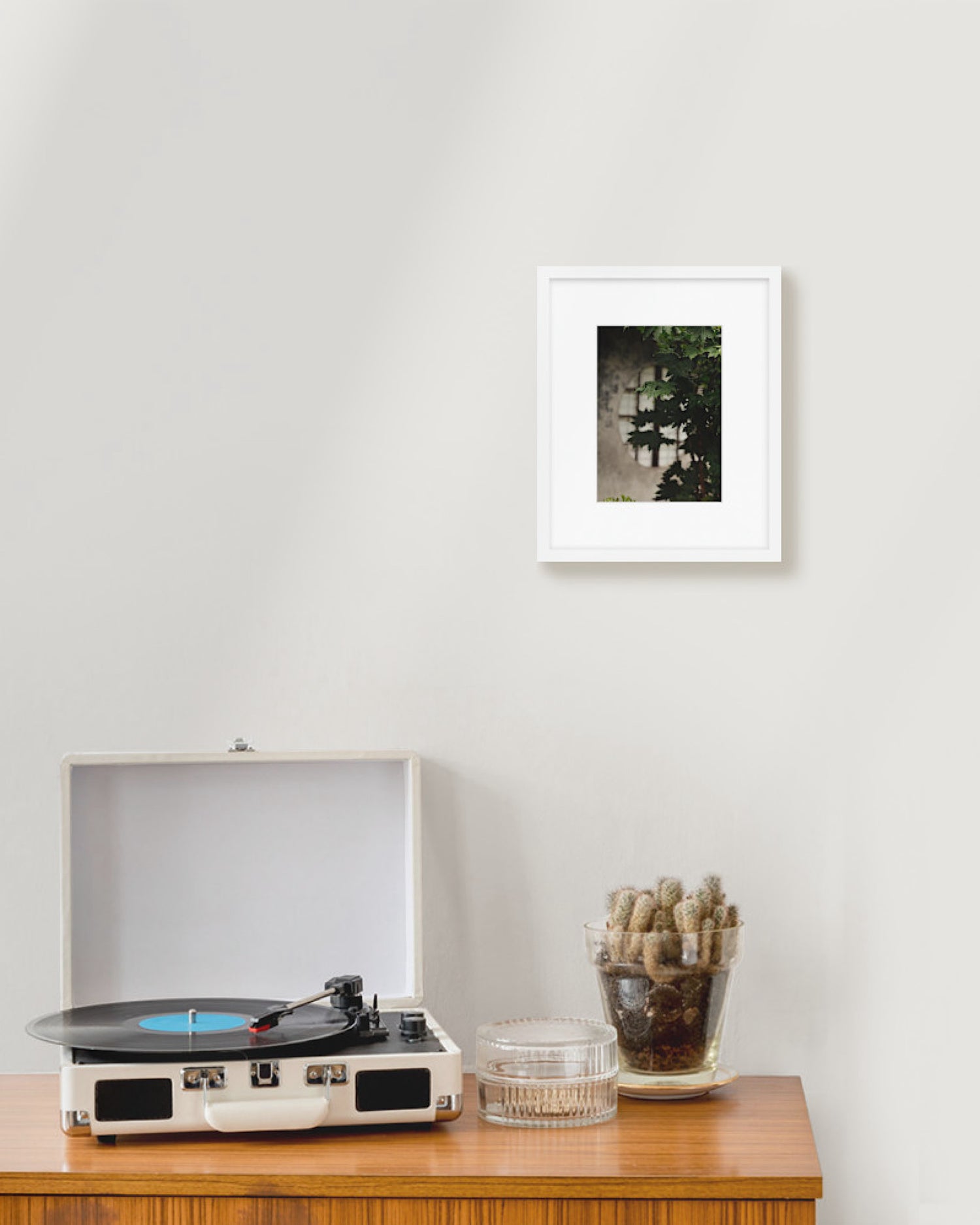 Turntable on a wooden table with a framed picture and plant in the background.
