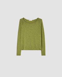 Model wears a Sonoma boat neck long sleeve in Cameleon green by American Vintage