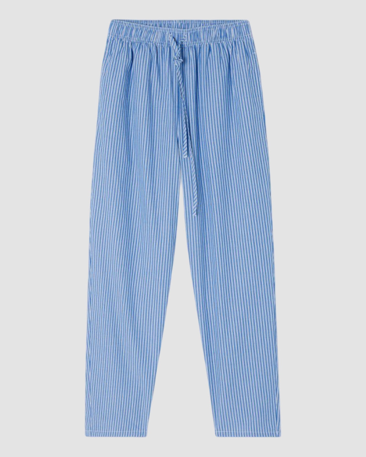 Blue striped pants on a light gray background