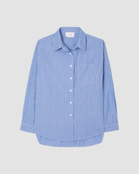 Blue striped shirt on a light gray background