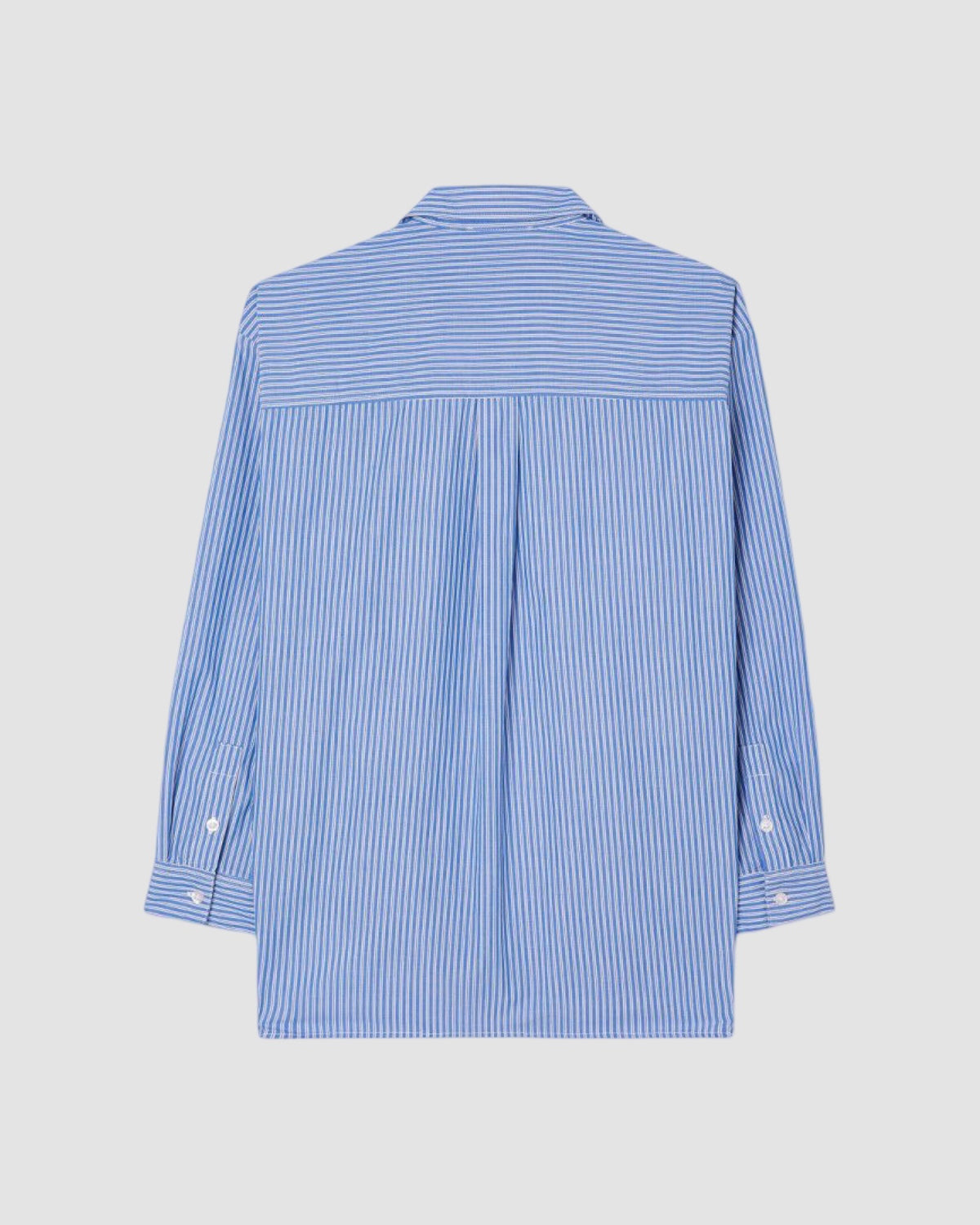Blue and white striped shirt on a light grey background