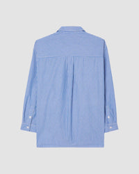 Blue and white striped shirt on a light grey background