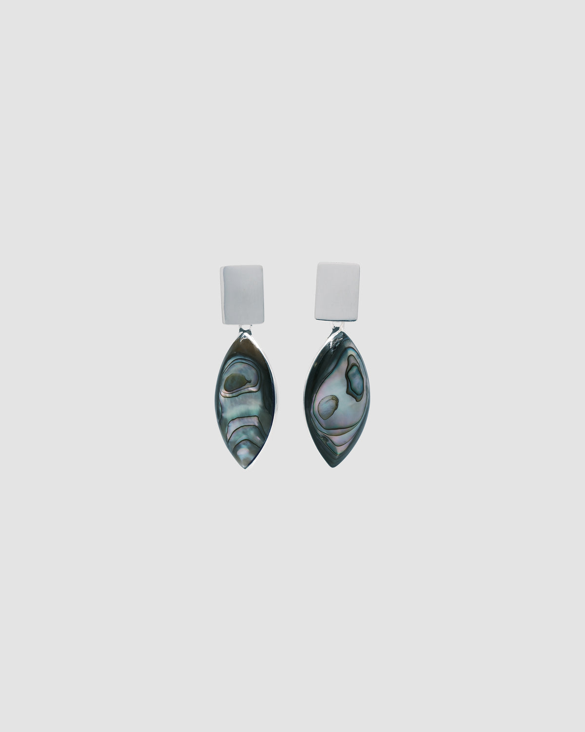 Rectangular silver stud and abalone eye shaped earrings