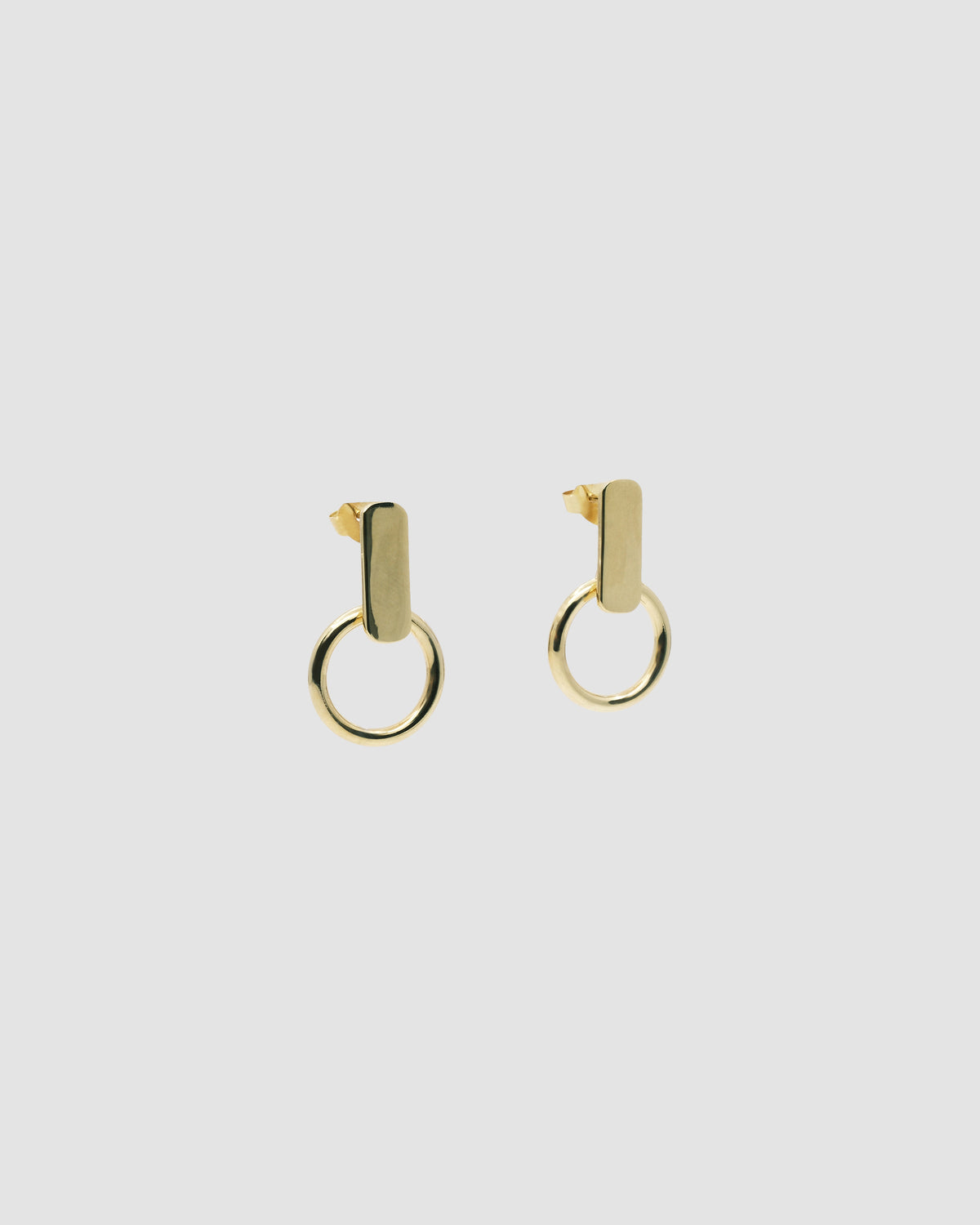 Gold rectangular studs with open hoops handing from them