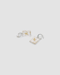 gold swallow bird charms are encased in a clear resin rectangle and dangle from a silver hoop earring