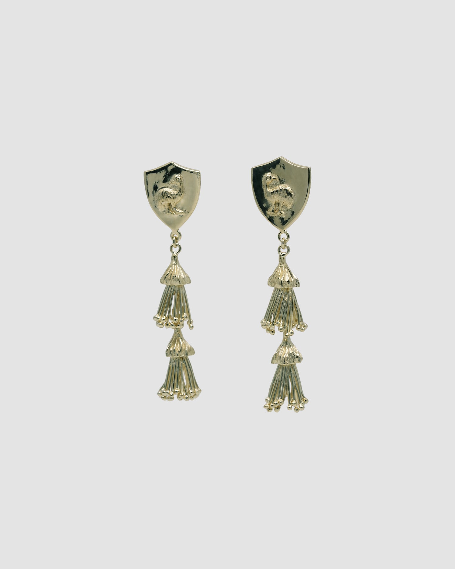 gold emu shield and gum blossom tassel drop earrings