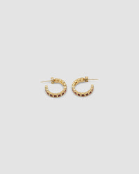 gold hoop earrings inlaid with red crystals