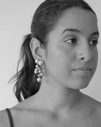 model wears a small and large version of bubble drop earrings