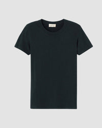 A black long-sleeve fitted t-shirt with a round neckline and short sleeves, displayed against a plain background.