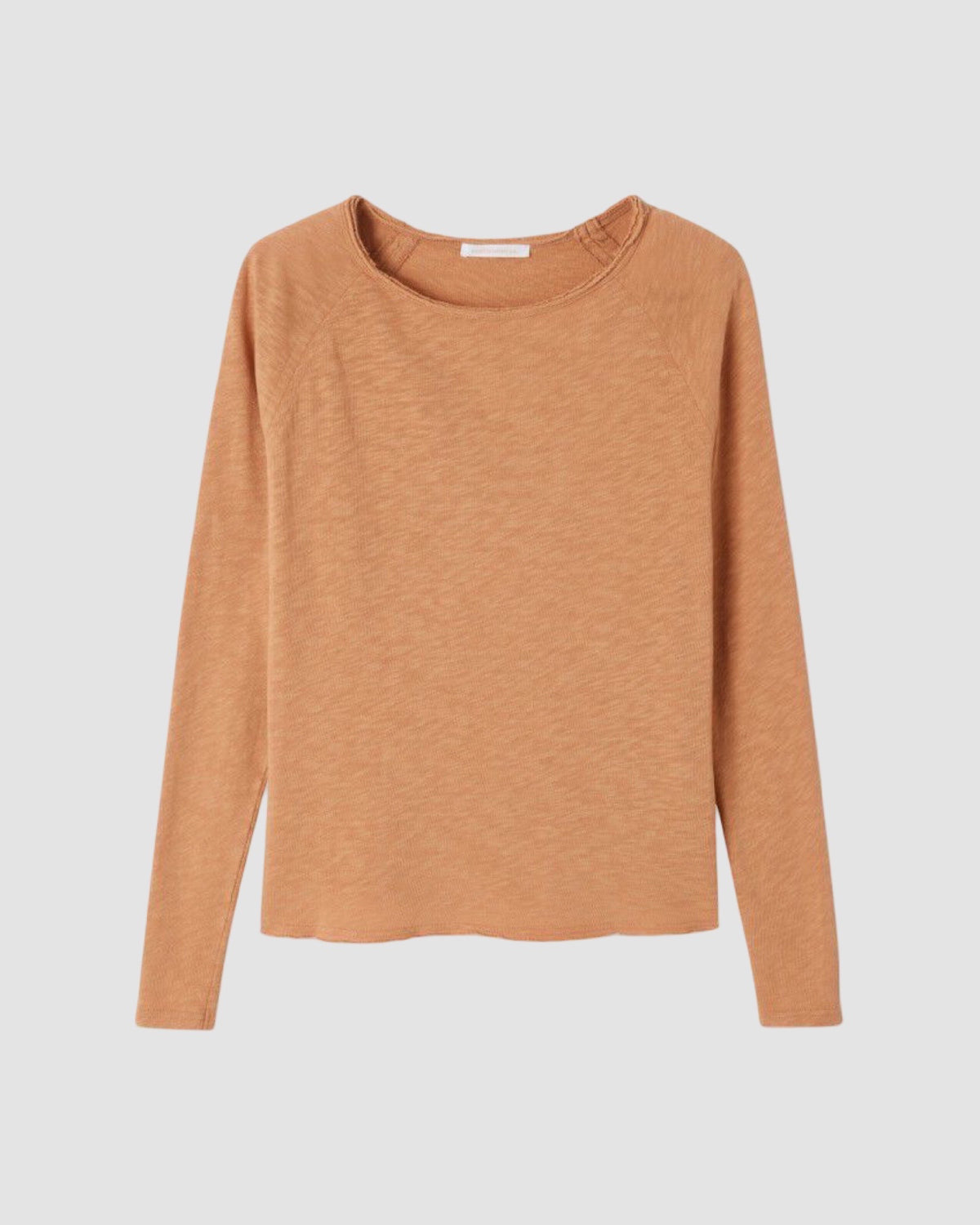 Brown long-sleeve boat neck shirt on a light gray background