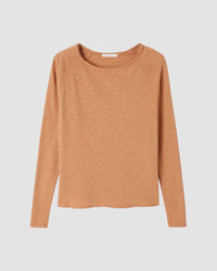 Brown long-sleeve boat neck shirt on a light gray background