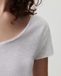 a model wears a white v short sleeve tshirt
