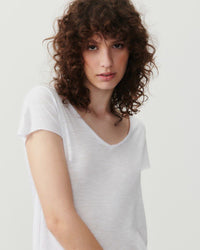 a model wears a white v short sleeve tshirt