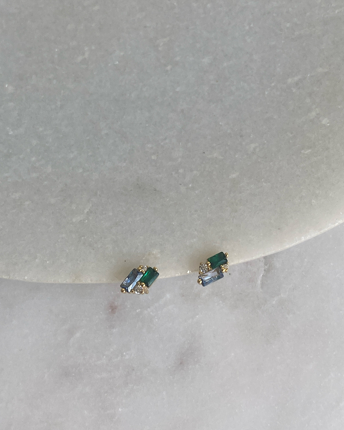 small gold and blue green crystal stud earrings